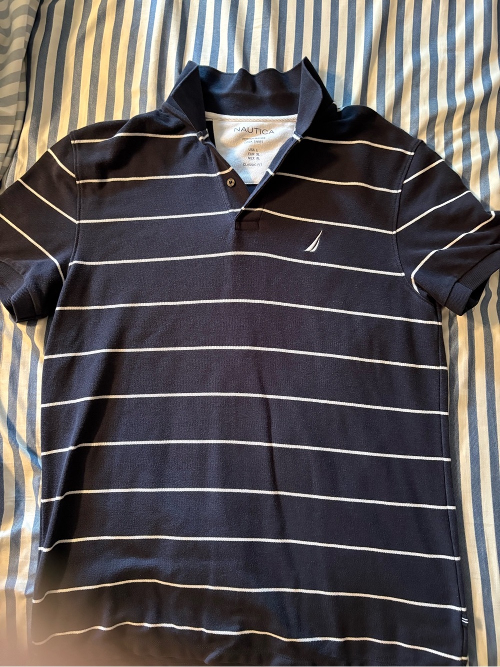 Nautica Men's Navy and White Horizontal Stripe Polo